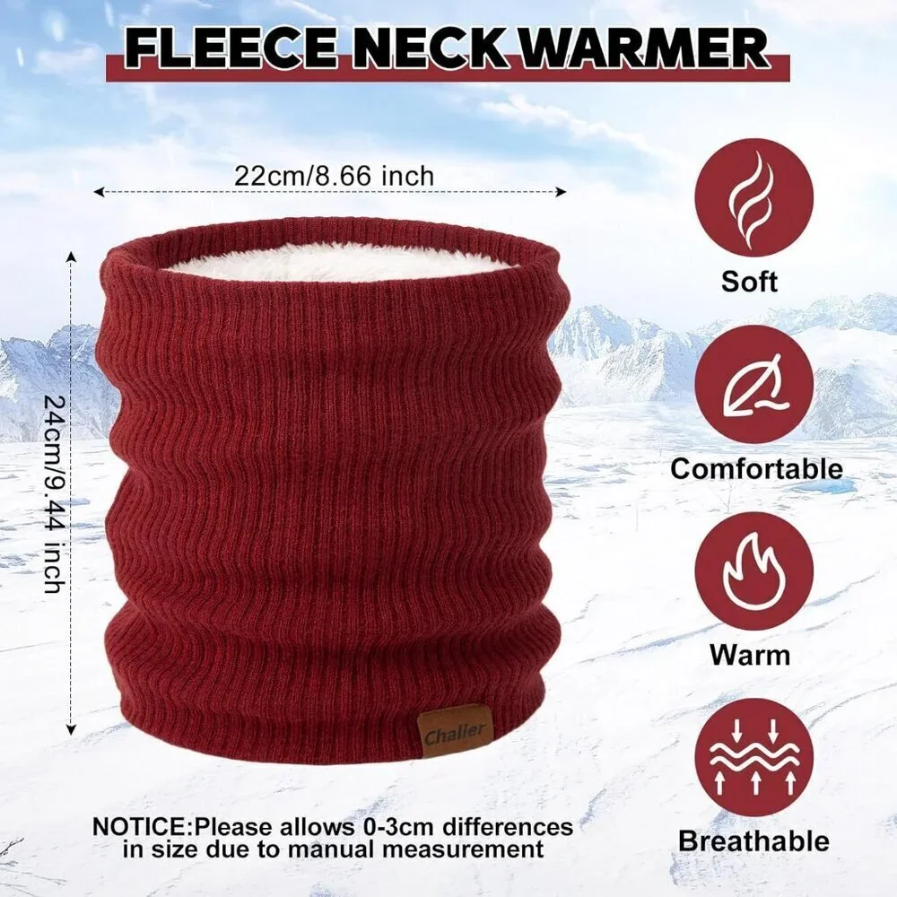 Women's Red Wine Scarf Winter Double-Layer Neck Warmer Knit Fleece Lined Circle